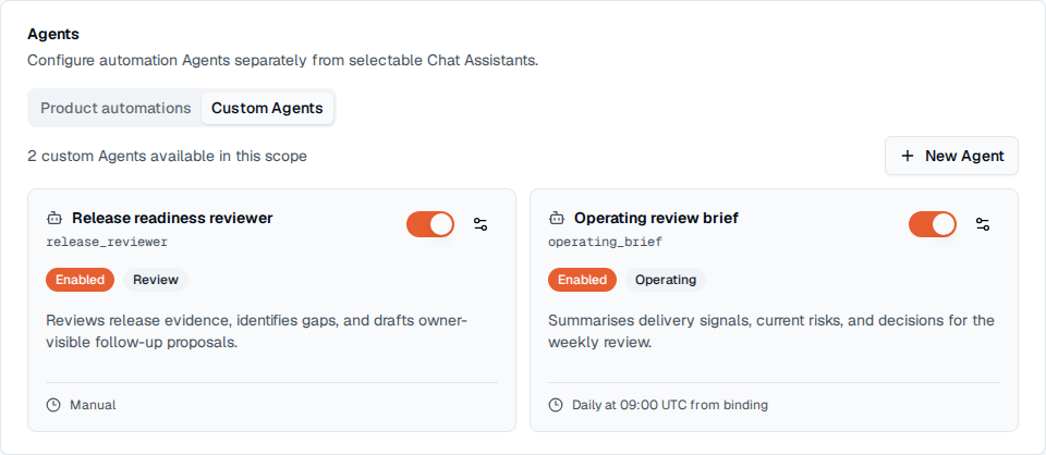 TOW agent settings showing two configurable custom agents with distinct operating roles.