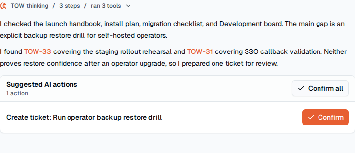 TOW AI chat showing a grounded workspace answer with inspectable sources.