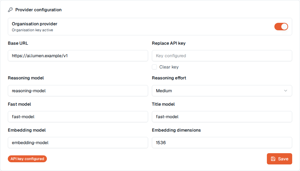 TOW organisation AI settings showing provider endpoint, models, API-key status, and disable controls.