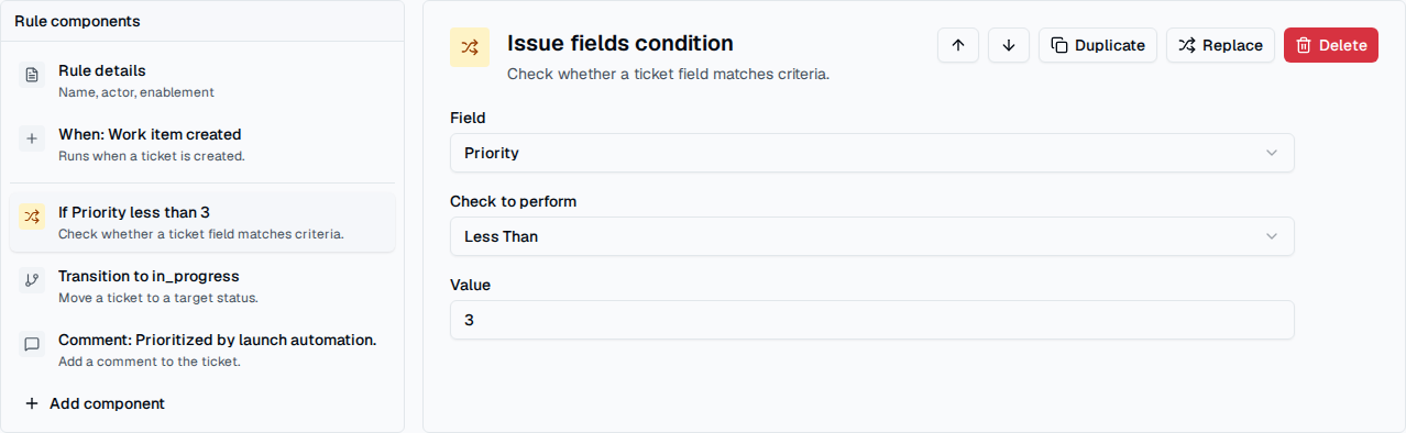 TOW automation editor showing conditions and configured actions.