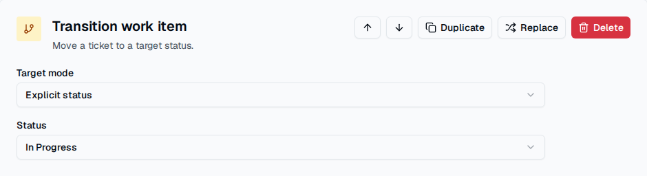 TOW workflow transition editor showing a configured automation action.