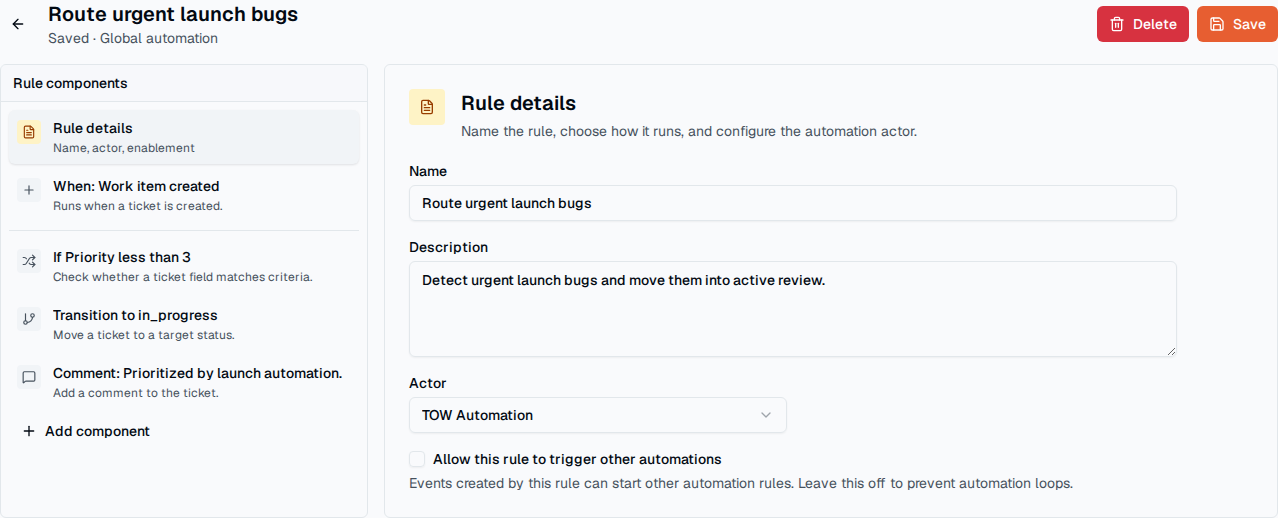 TOW automation builder showing a complete configured trigger, condition, and action workflow.