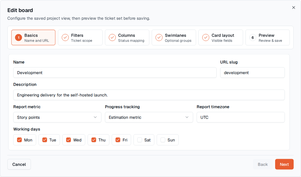 TOW board configuration showing filters, columns, swimlanes, card layout, and preview.