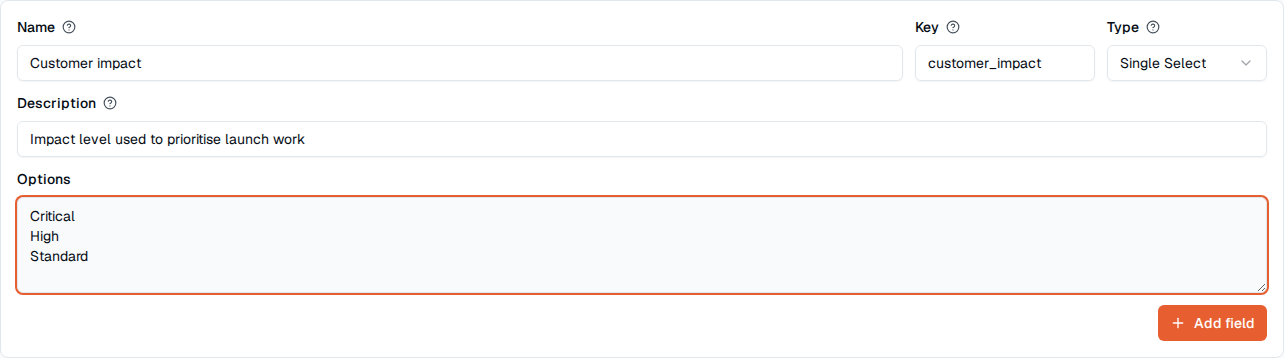 TOW custom field creator filled with a field name, type, description, and options.