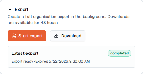 TOW organisation data controls showing export creation, availability, and download status.