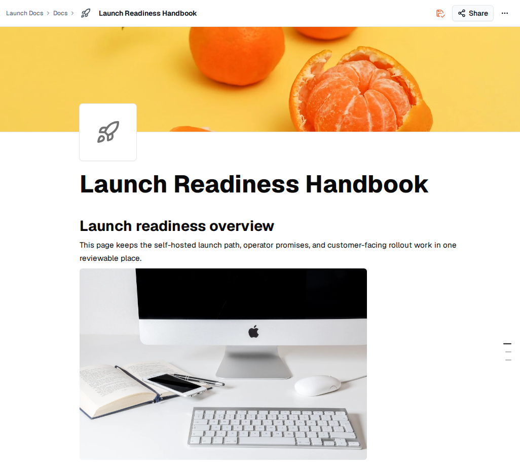 TOW document workspace showing a structured handbook with a cover, icon, headings, text, and media.