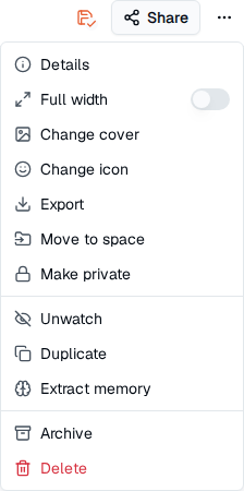 TOW document header showing the Share control and an open actions menu with Export.