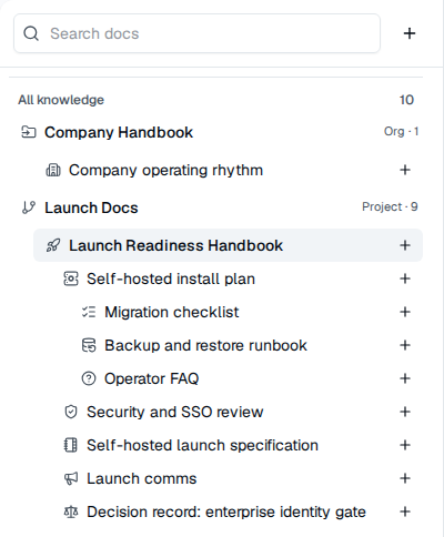 TOW document navigation showing searchable spaces and a nested page tree.