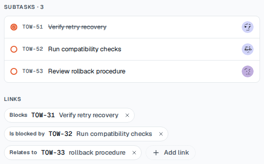 TOW engineering work item showing populated subtasks and typed dependency links.