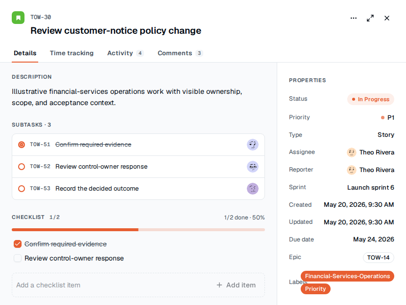 TOW financial-services policy-change item showing owner properties, subtasks, and checklist evidence.