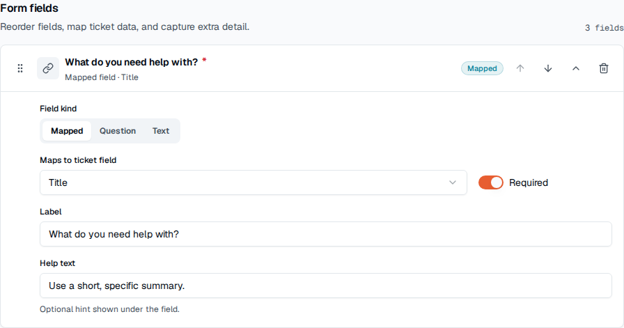 TOW form field builder showing configured request fields and validation.