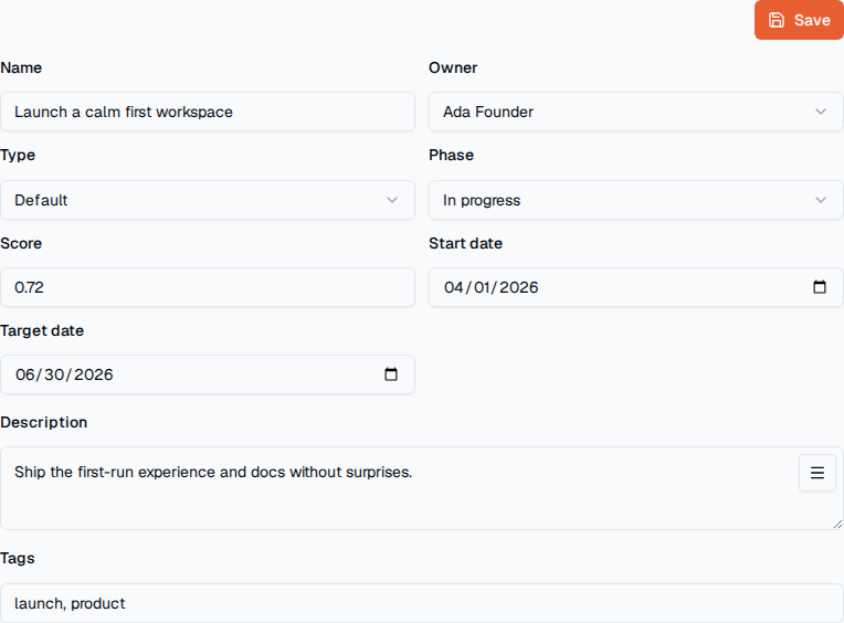 TOW goal editor showing ownership, phase, score, dates, description, and tags.