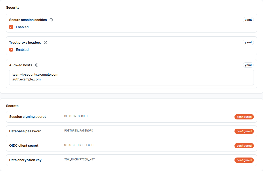 TOW administrator view showing secure runtime settings and configured secrets.