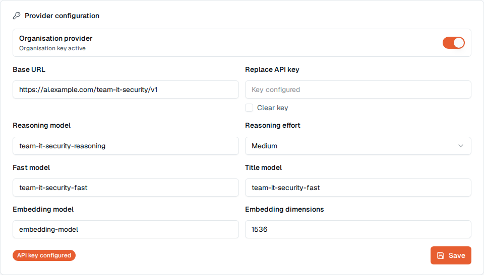 TOW AI administration showing provider status, endpoint, models, and API-key configuration.