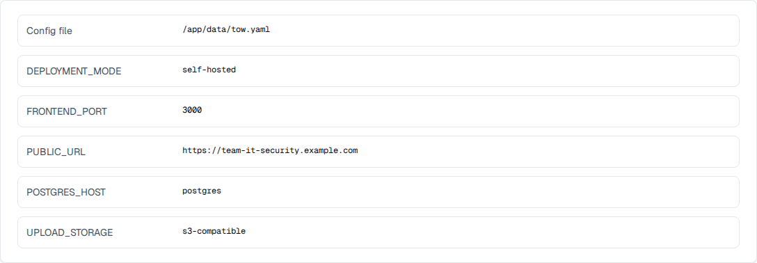 TOW deployment configuration showing the active mode, public endpoint, service, and storage settings.