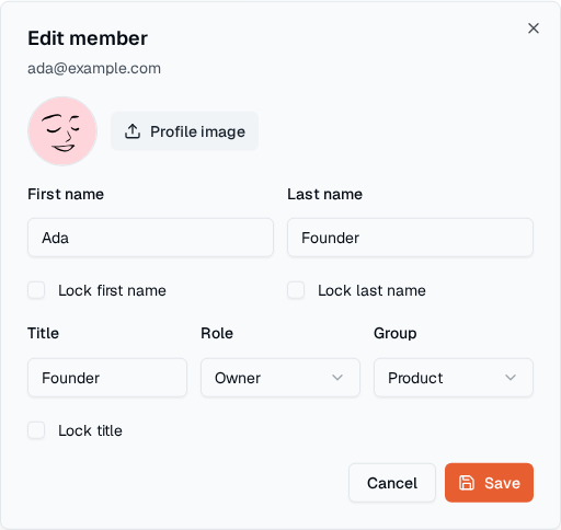 TOW organisation member editor showing the assigned role, group, title, and profile fields.