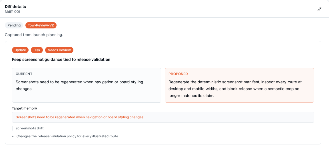 TOW memory review showing a proposed diff, target memory, rationale, and review reasons.