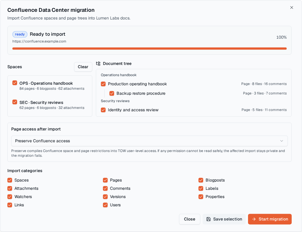 TOW migration configuration focused on a Confluence Data Center import.