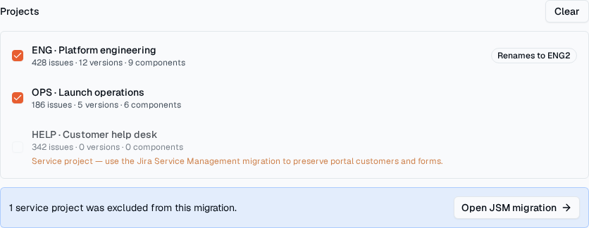 TOW migration discovery showing detected Jira projects, object counts, conflicts, and exclusions.