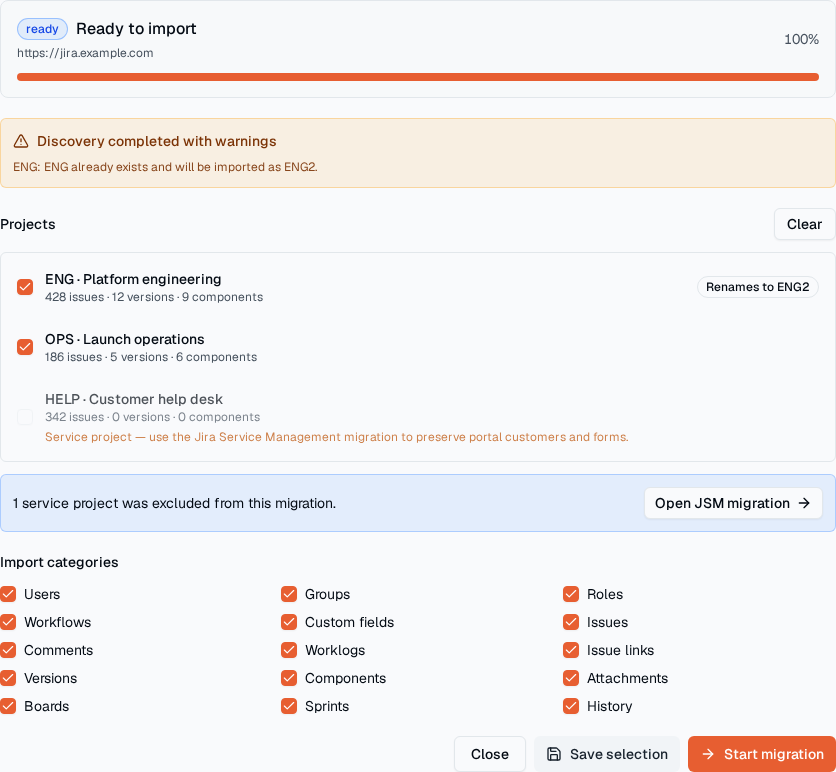 TOW migration importer showing source-project selection, key-conflict handling, and import categories.
