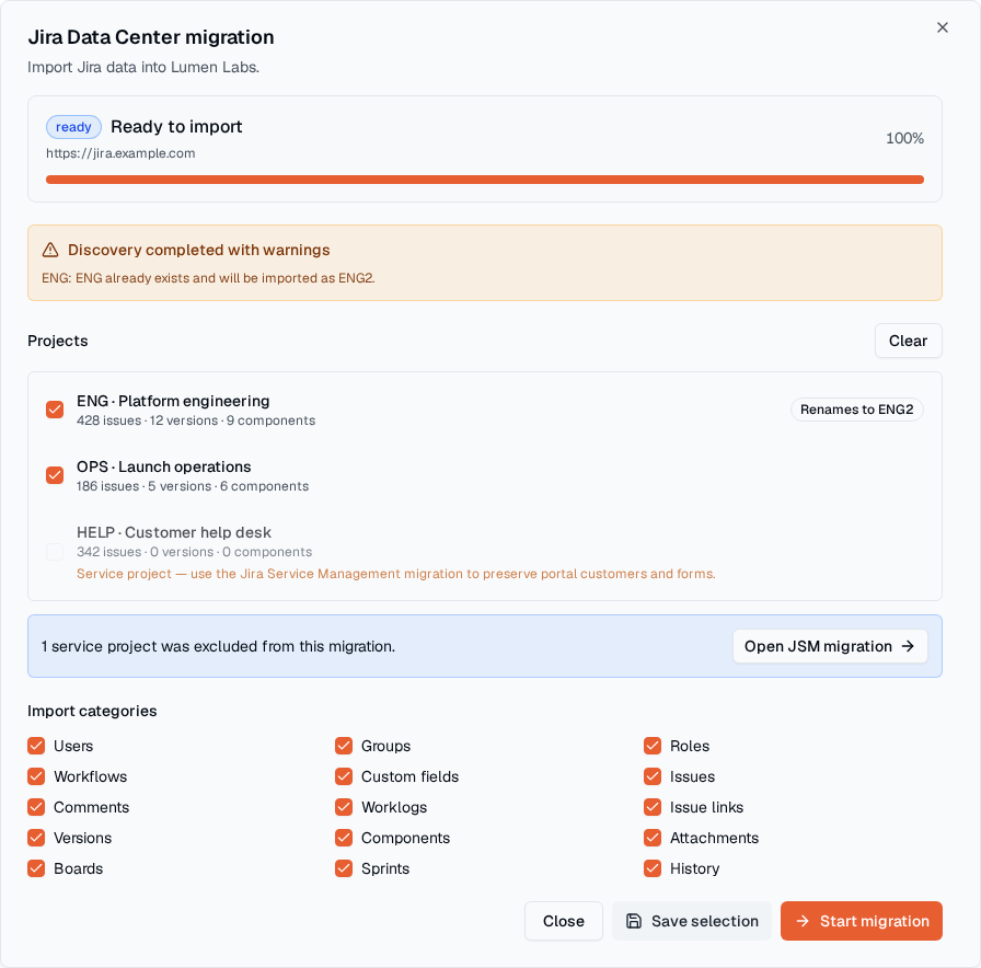 TOW migration configuration focused on a Jira Data Center import.