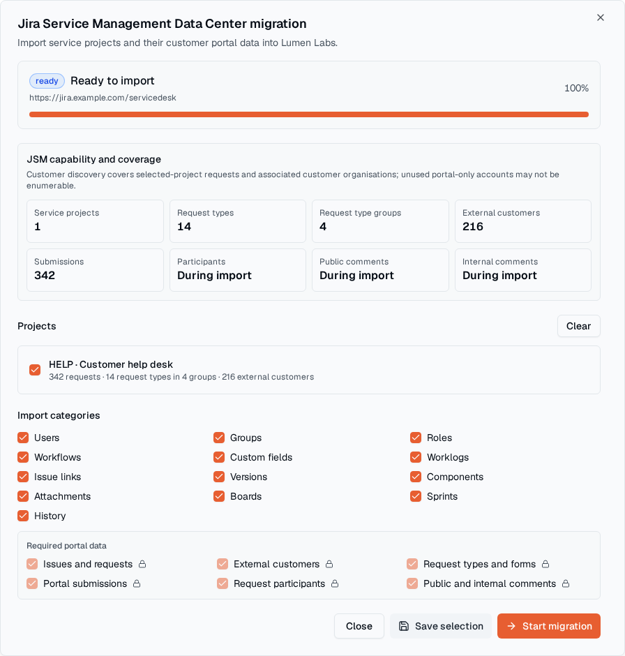 TOW migration configuration focused on a Jira Service Management Data Center import.