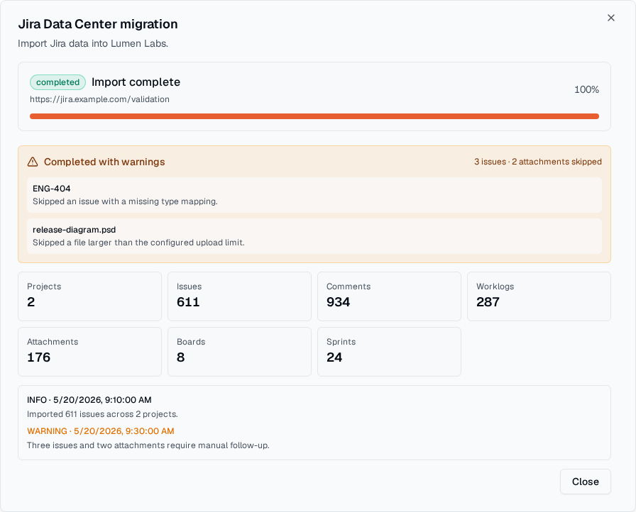 TOW migration validation summary showing imported counts, attachment warnings, exceptions, and follow-up logs.