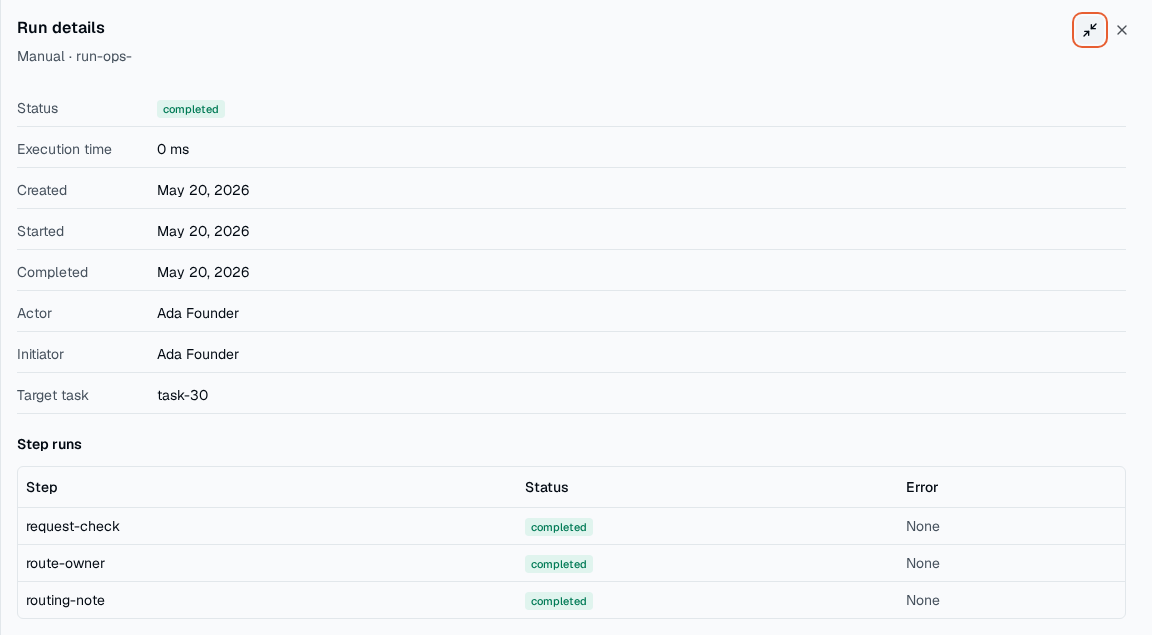 TOW operations automation run showing status, timing, actor, target, and step results.