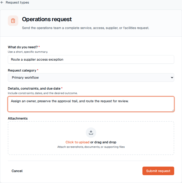 TOW operations request form showing required service details, category, attachments, and submission.