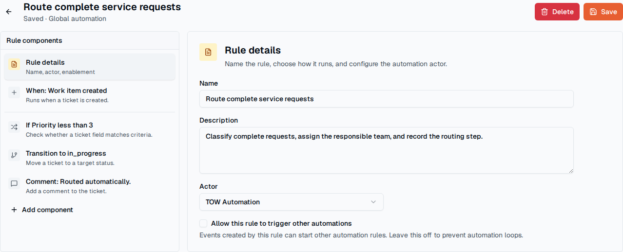 TOW operations automation showing a configured trigger, condition, transition, and comment action.