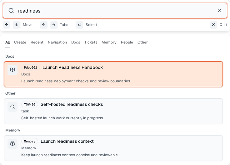 TOW workspace search showing matching docs, work items, and memory with source context.
