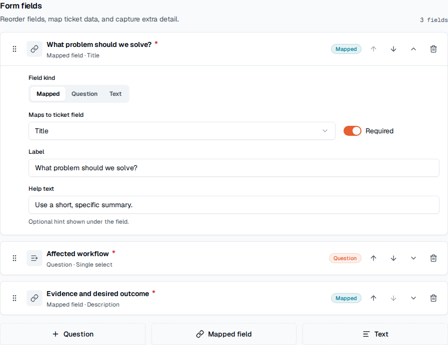 TOW product request form showing required, choice, and mapped intake fields.