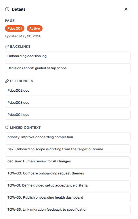 TOW product-document details showing backlinks, references, and linked delivery context.