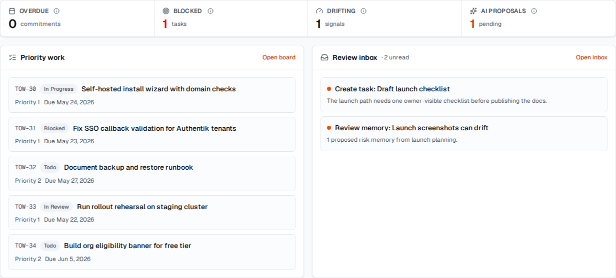TOW project health view showing live delivery signals, priority work, and review items.