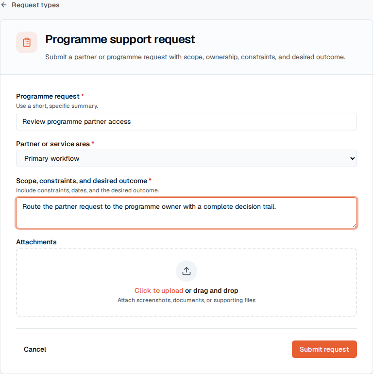 TOW public-programme partner request form showing required context and a focused submission path.