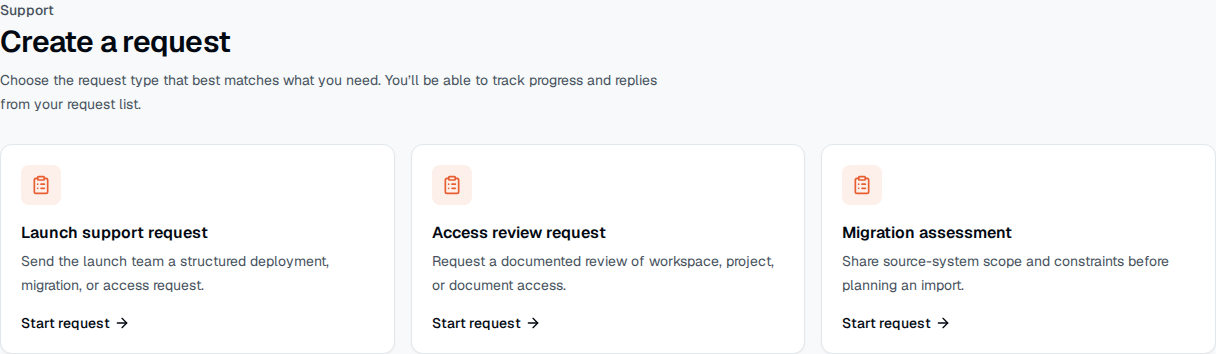 TOW request portal catalog showing the available structured request types.