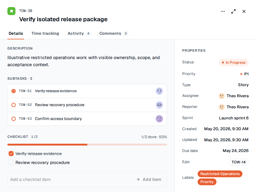 TOW restricted-environment change item showing owner properties, verification subtasks, and checklist evidence.