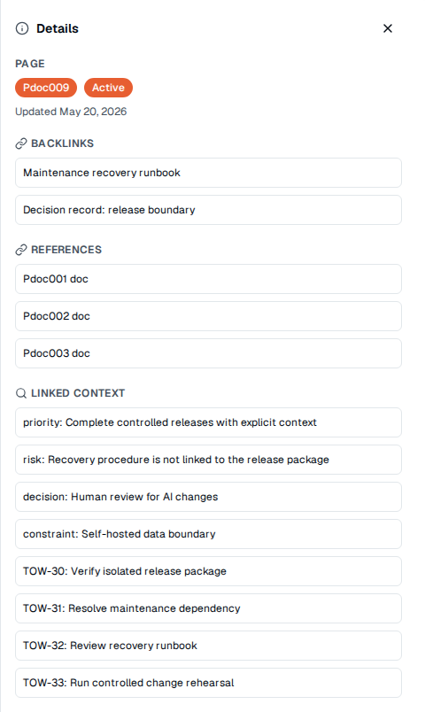 TOW recovery-procedure details showing backlinks, references, and linked change context.