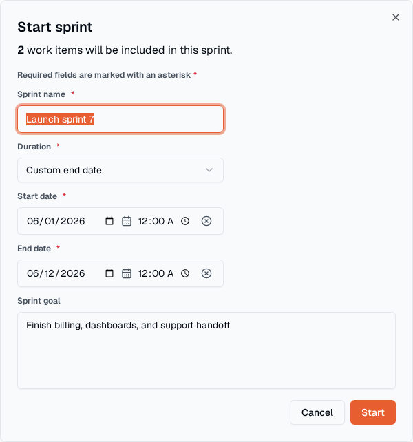 TOW sprint editor showing sprint dates, goal, and the selected work-item count.