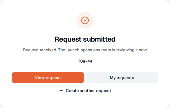 TOW portal confirmation showing the submitted request key and clear tracking actions.