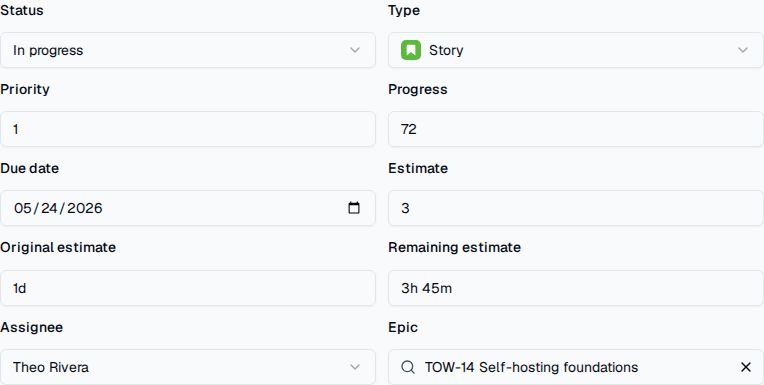 TOW work-item property editor showing configured project fields and values.