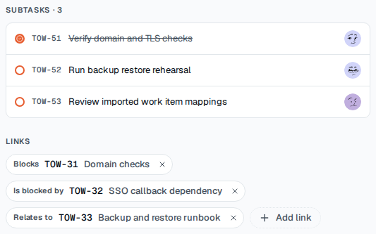 TOW work-item detail focused on populated subtasks and typed relationships.